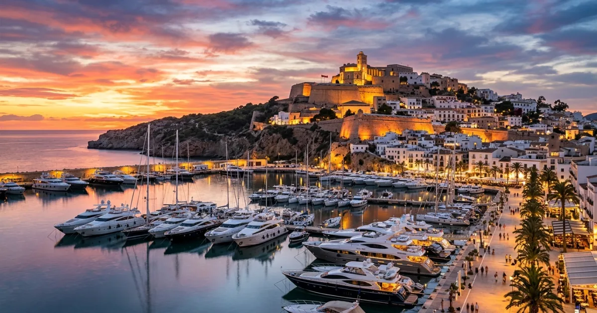 Panoramic view of Ibiza Town featuring Dalt Vila and the luxury marina at sunset