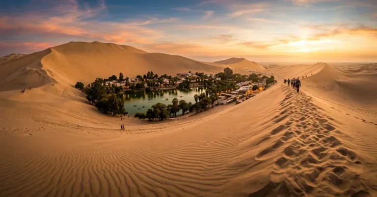 Ica Region, Peru 1 Panoramic view of Huacachina desert oasis surrounded by massive sand dunes in the Ica Region of Peru