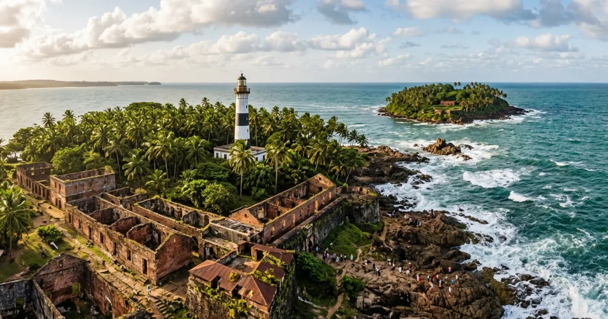 Panoramic view of Île Royale ruins and palm trees overlooking Devil's Island in French Guiana