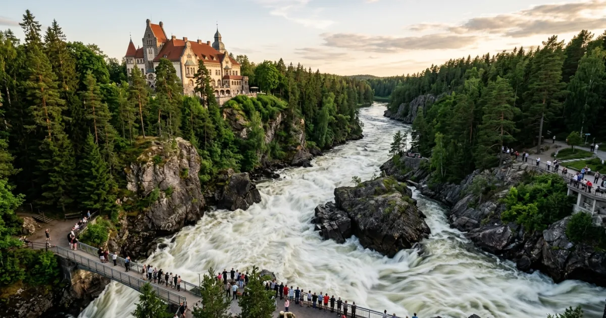 Imatrankoski rapids surging through granite gorge with castle hotel in the background