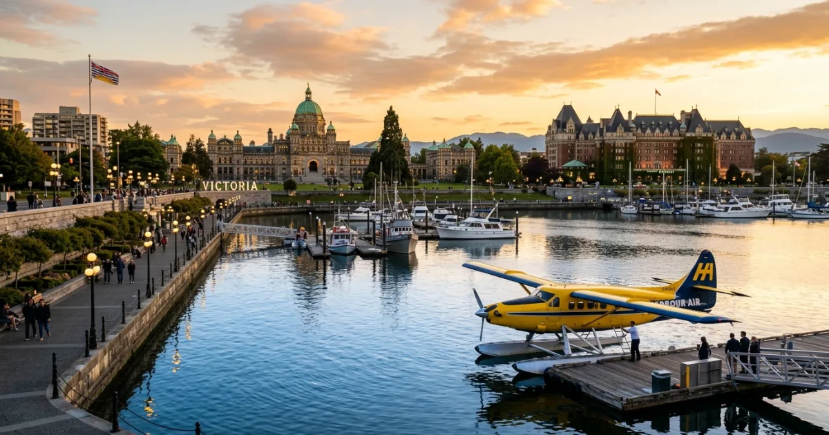 Panoramic view of Victoria Inner Harbour with historic buildings and floatplanes on the water at sunset