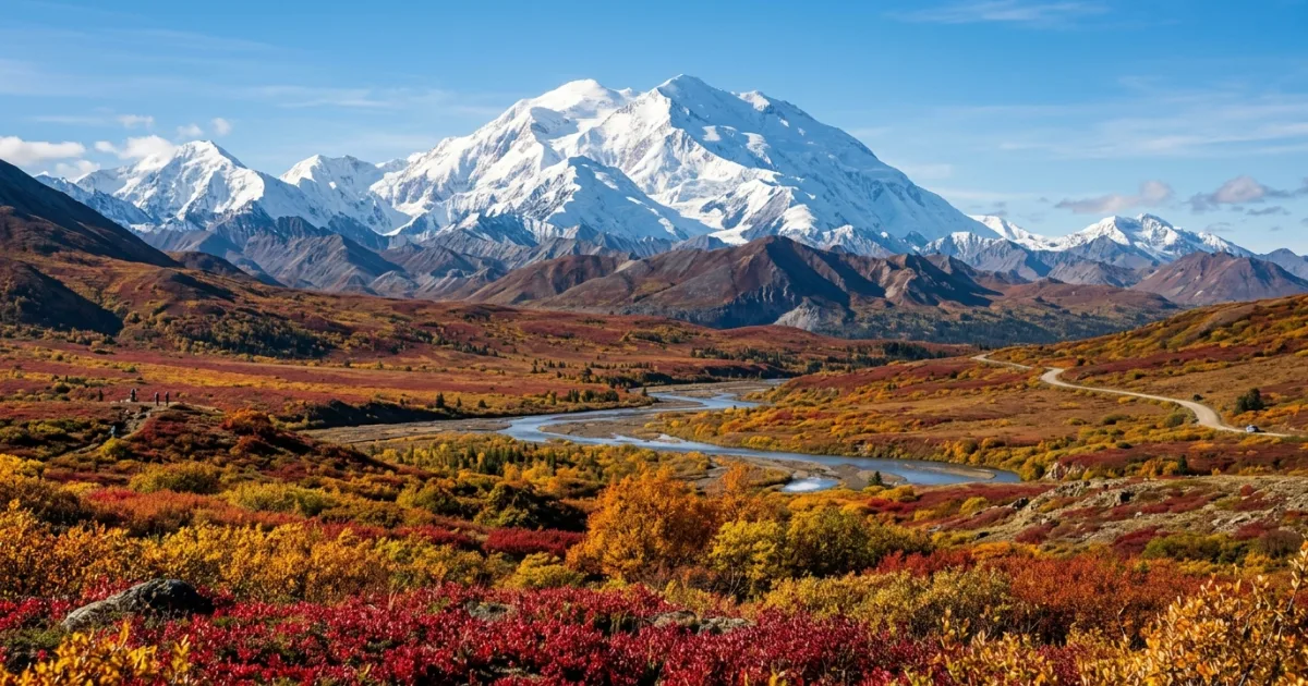Denali mountain rising above autumn tundra in Interior Alaska