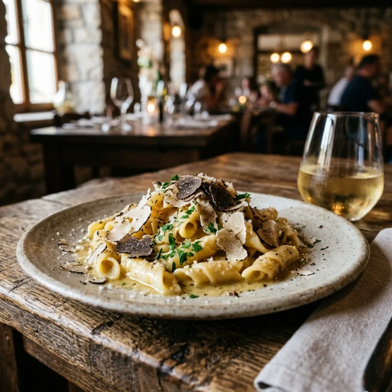 Freshly prepared Istrian fuži pasta topped with shavings of black truffles on a rustic plate