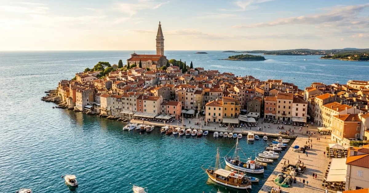 Panoramic view of Rovinj old town on the Adriatic sea in Istria, Croatia during golden hour