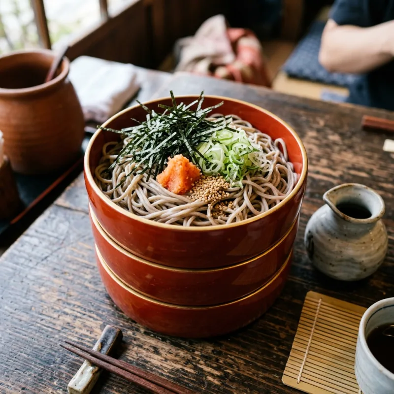 Three stacked tiers of traditional Izumo warigo buckwheat soba in red lacquer bowls