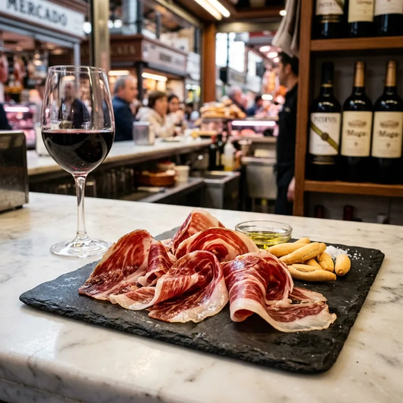 Freshly sliced Jamón Ibérico de Bellota served on a slate plate at Mercado de San Miguel