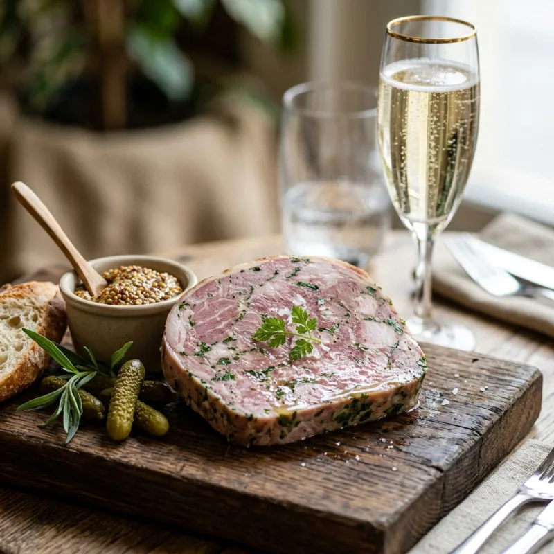A slice of traditional Jambon de Reims with mustard and champagne