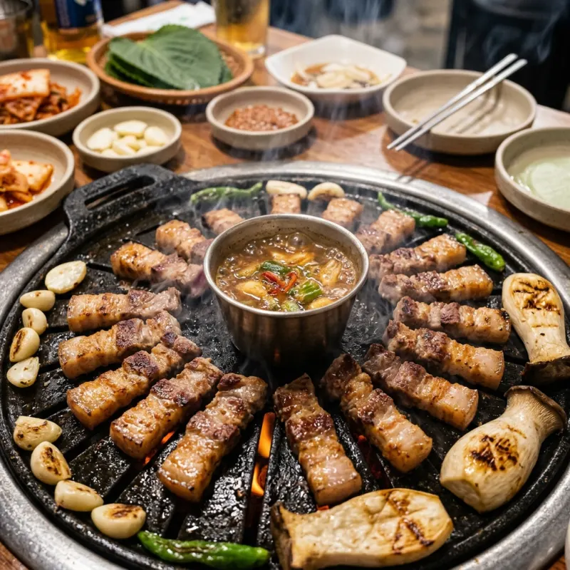 Sizzling Jeju black pork grilling over charcoal with boiling meljeot dipping sauce in Seogwipo