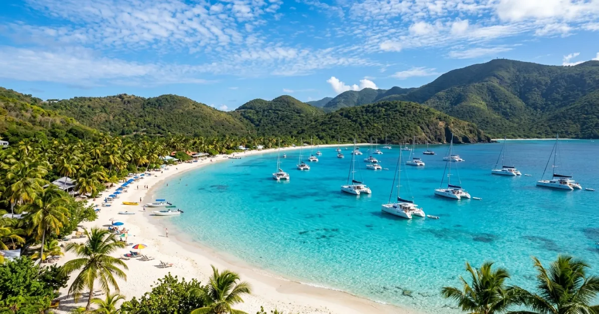 Wide-angle aerial perspective of turquoise water, white sand beach, and anchored catamarans at White Bay in Jost Van Dyke