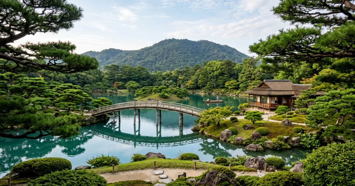 Panoramic view of Ritsurin Garden with Engetsu-kyo Bridge in Kagawa Prefecture Japan