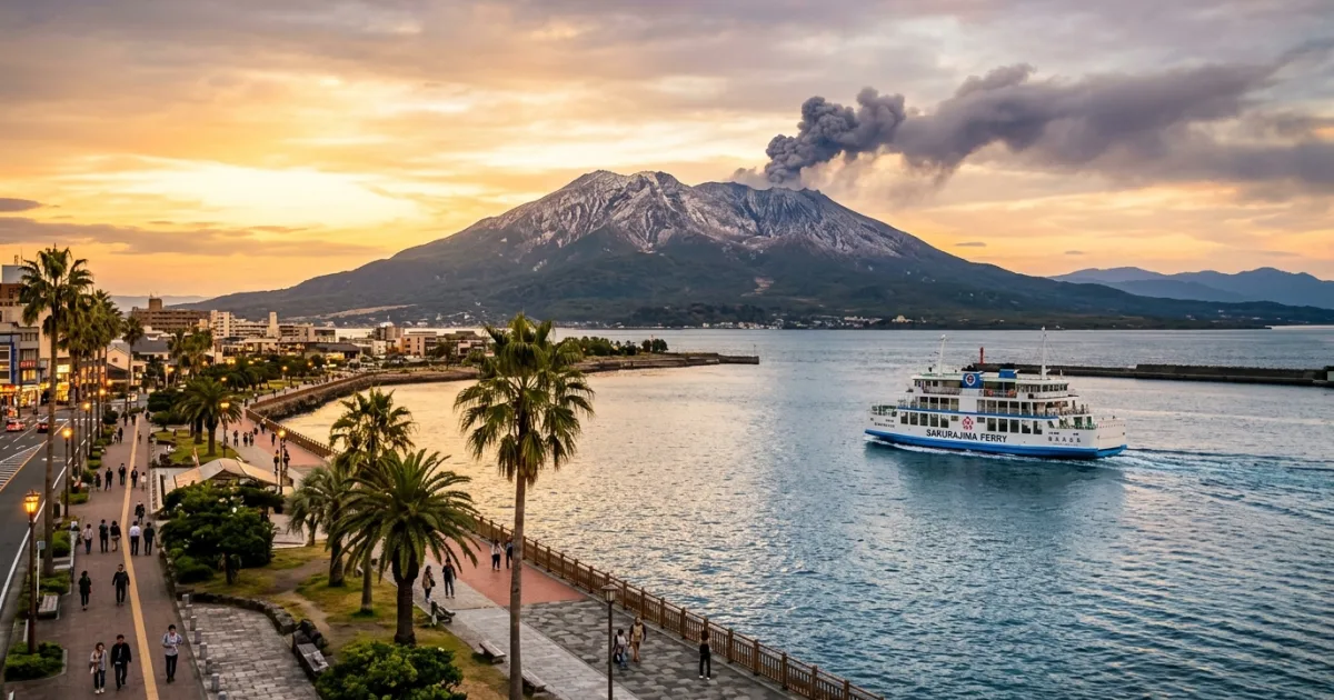 Panoramic view of Kagoshima city waterfront with Mount Sakurajima volcano in the background
