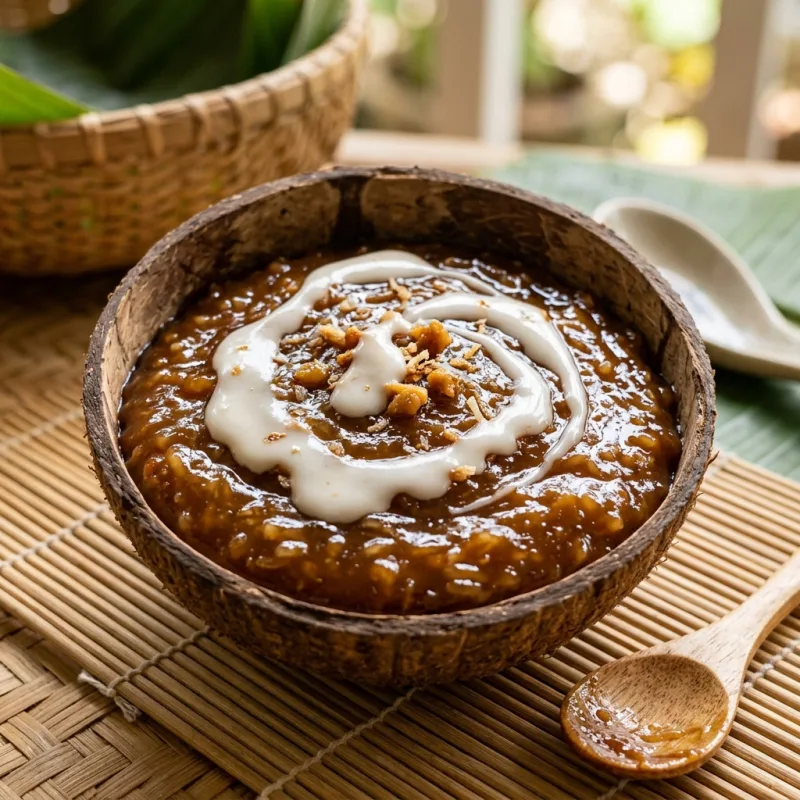 Bohol Kalamay sticky rice dessert in half coconut shell