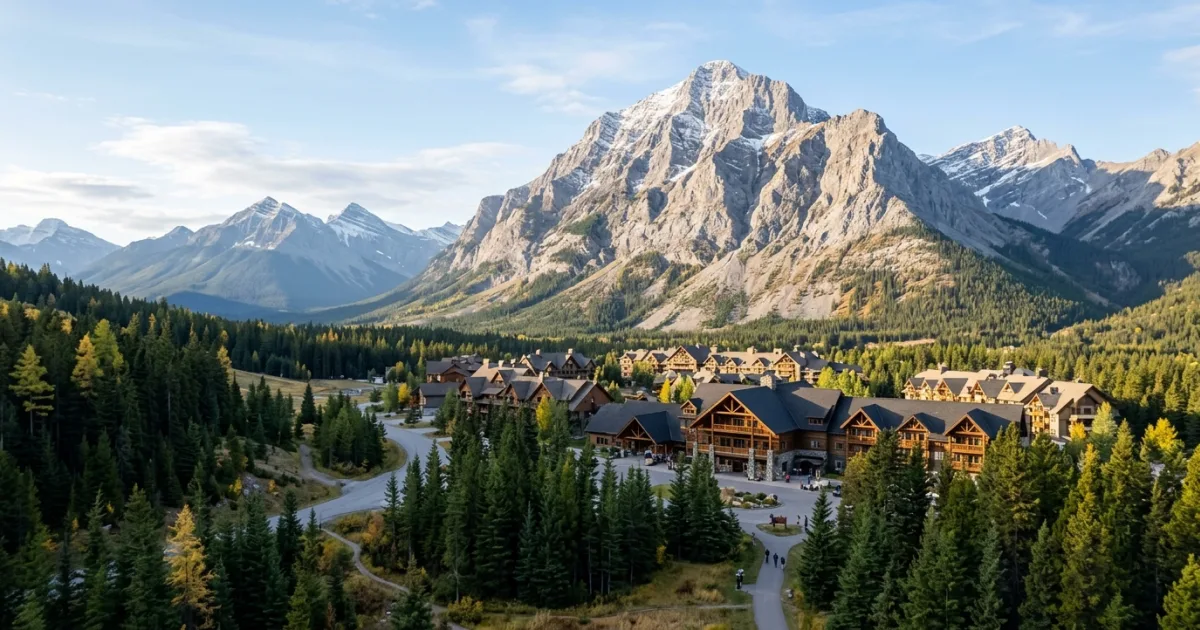 Kananaskis Village alpine lodges nestled beneath Mount Kidd in the Canadian Rocky Mountains.