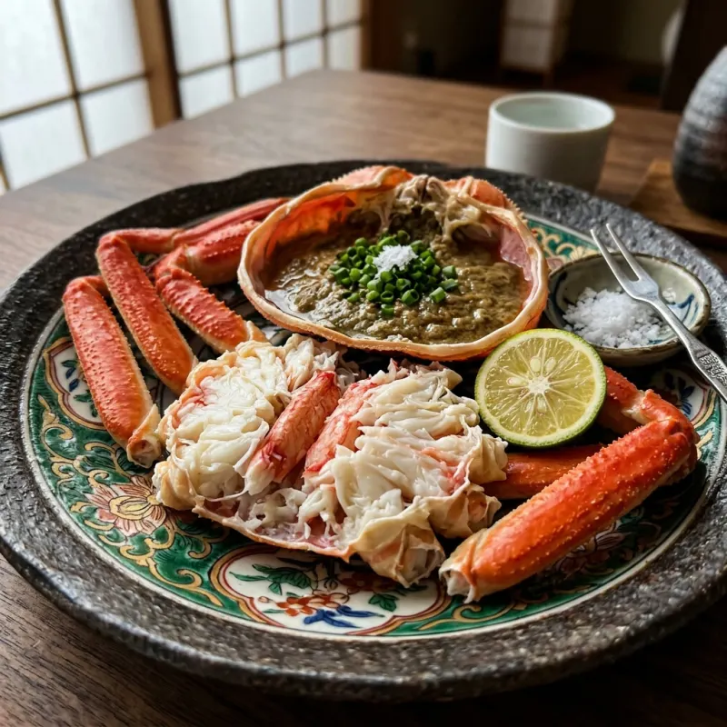 Japanese Hokuriku snow crab Kano-gani served on traditional ceramic tableware