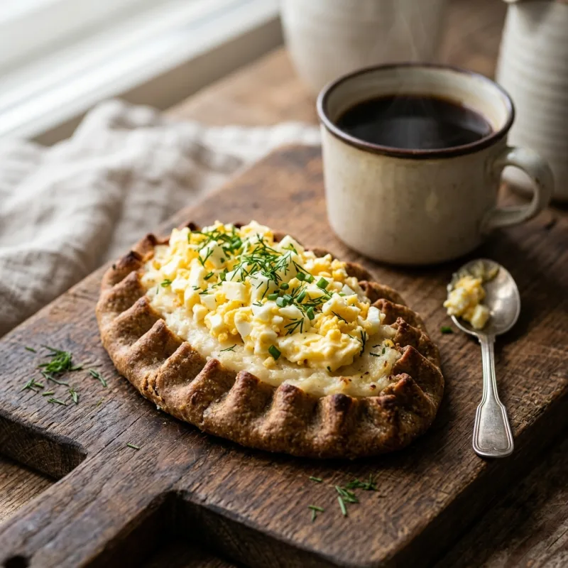 Authentic Finnish Karelian pie topped with golden egg butter