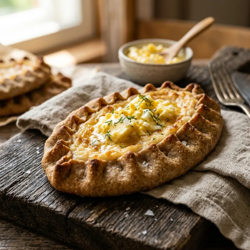 Authentic Finnish Karelian pie topped with egg butter on a wooden board