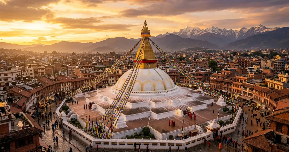 Panoramic view of Boudhanath Stupa and prayer flags over the Kathmandu Valley at sunset