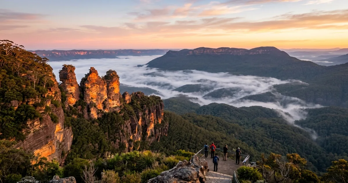 Panoramic view of the Three Sisters rock formation over Jamison Valley in Katoomba