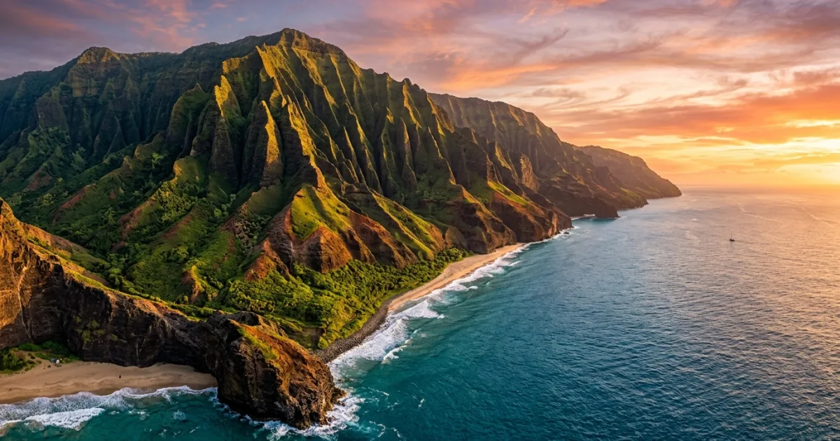 Breathtaking view of the Na Pali Coast in Kauai at sunset