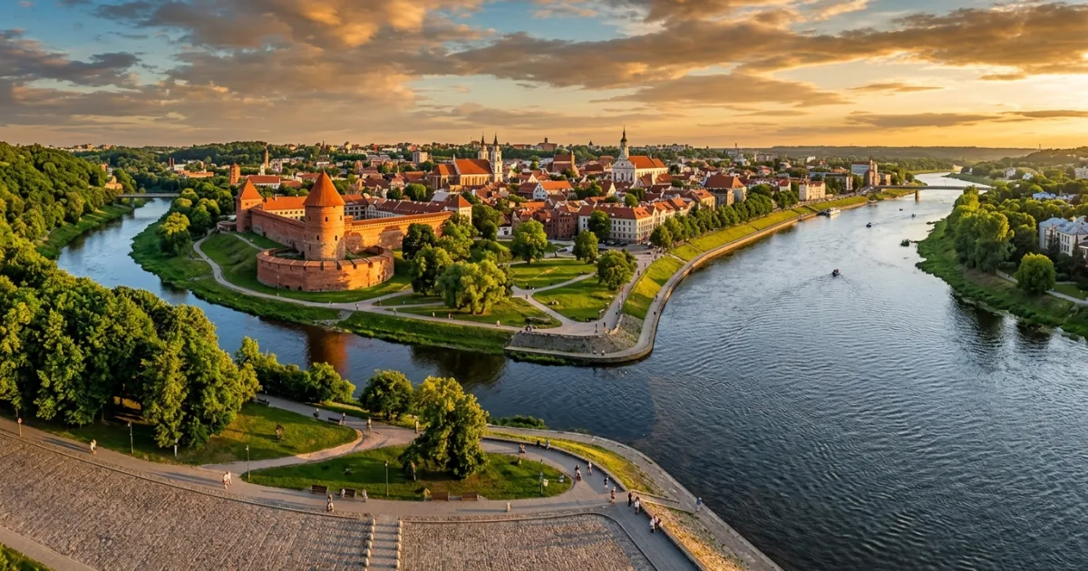 Panoramic view of medieval Kaunas Castle and the Old Town skyline at the confluence of the Nemunas and Neris rivers in Lithuania