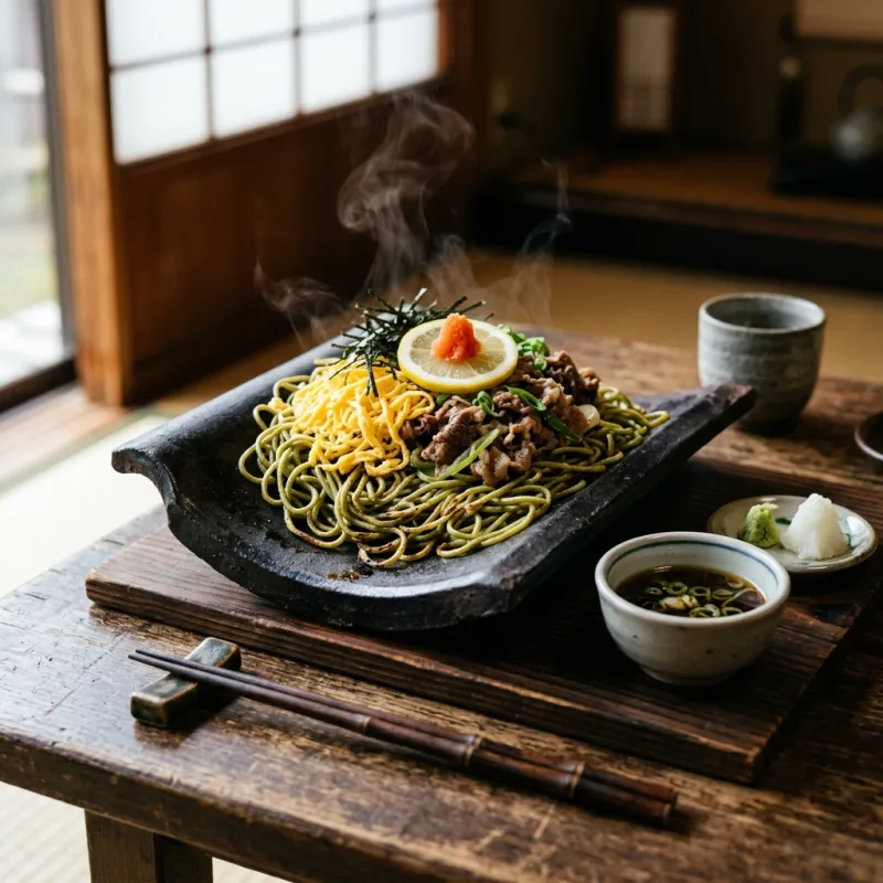 Authentic Japanese Kawara Soba served on a hot clay roof tile