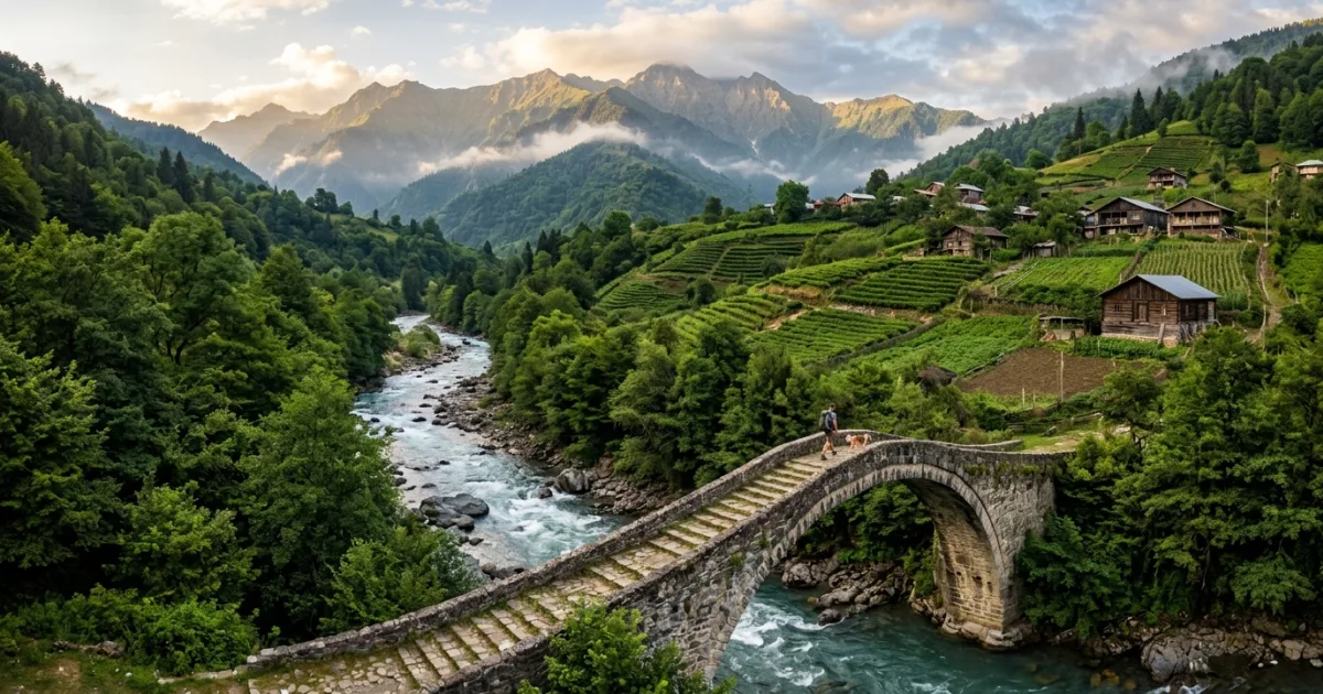 Scenic view of Keda's mountain valley with an ancient stone bridge and river in Adjara, Georgia