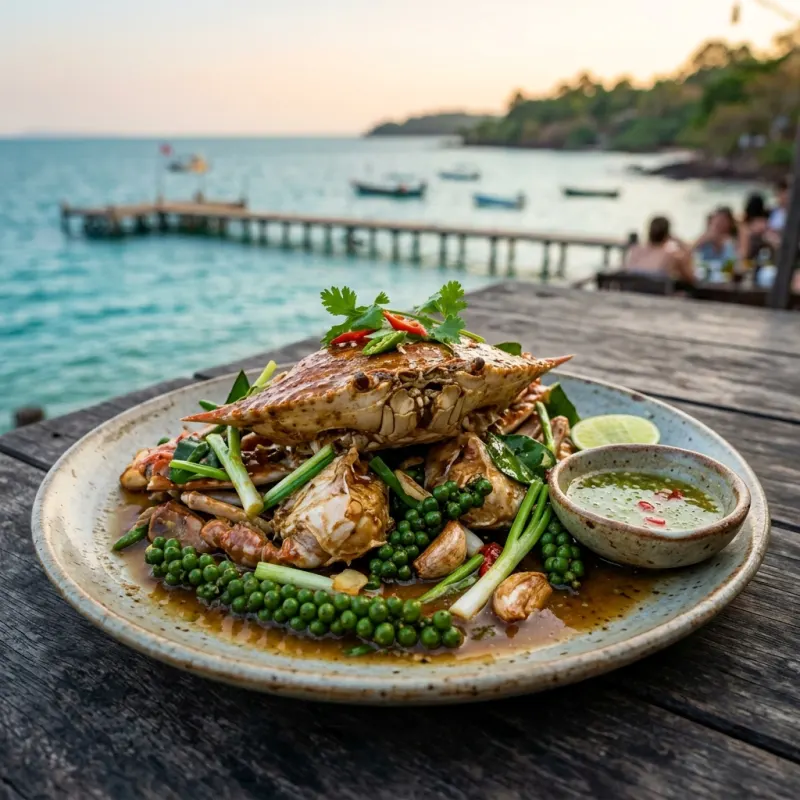 Authentic Kep Crab stir-fried with fresh green Kampot peppercorns