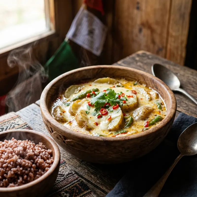 Authentic Bhutanese Kewa Datshi potato and cheese curry with red rice