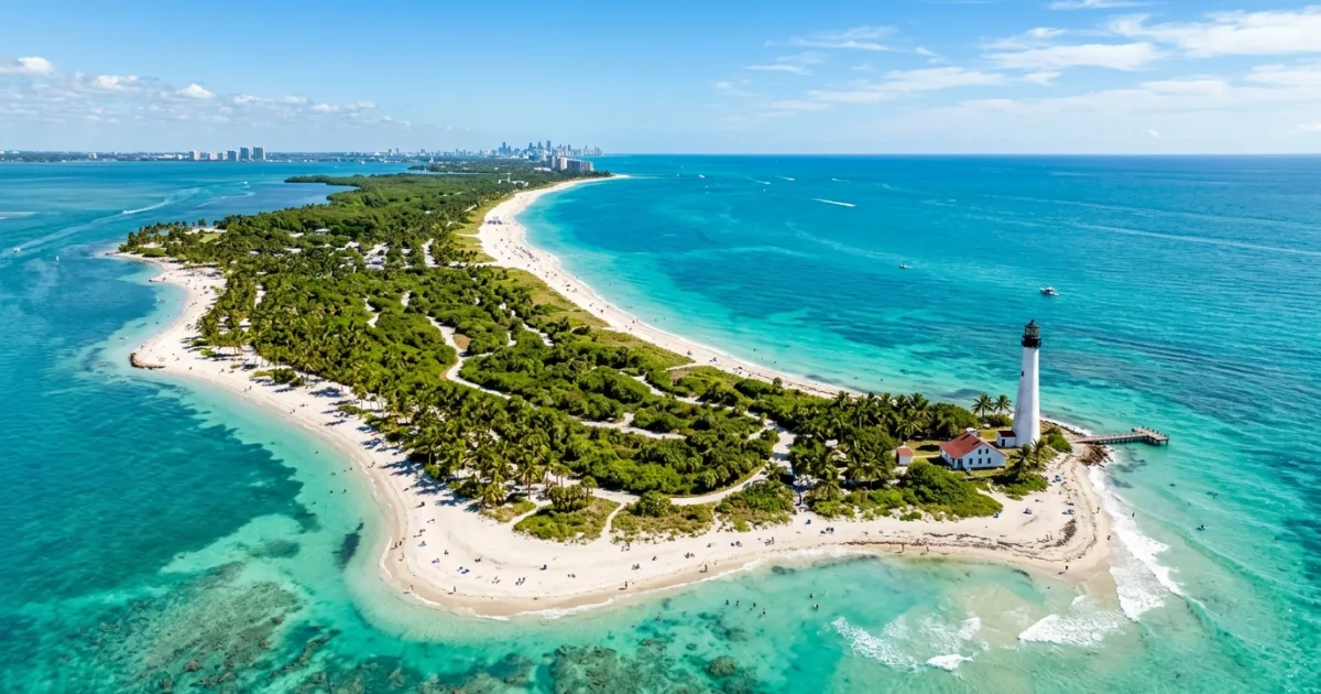 Aerial panoramic view of Key Biscayne shoreline with sandy beaches and the historic Cape Florida Lighthouse.