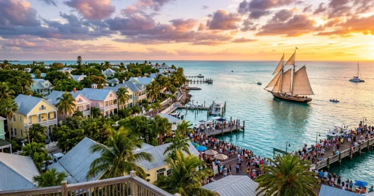 Key West 1 Panoramic sunset over Key West shoreline with historic wooden houses and a sailing schooner on calm water.