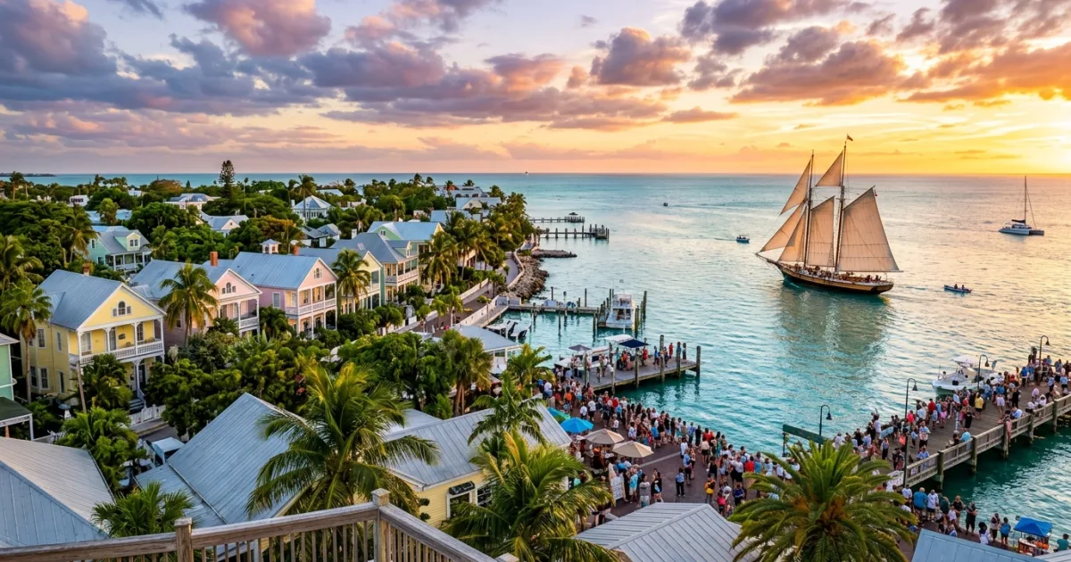 Panoramic sunset over Key West shoreline with historic wooden houses and a sailing schooner on calm water.