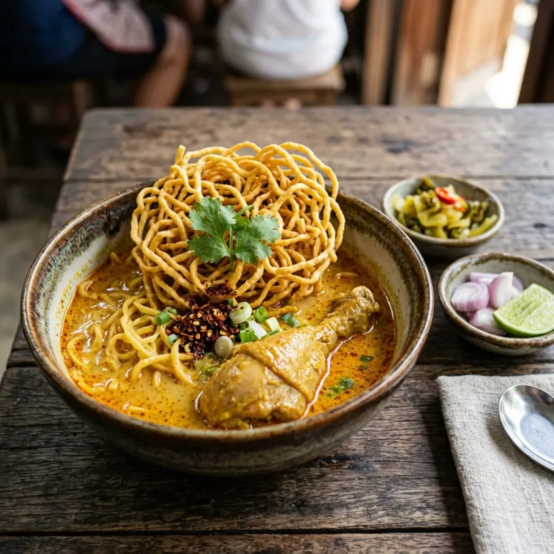 Bowl of authentic Northern Thai Khao Soi curry noodles with chicken and crispy garnish