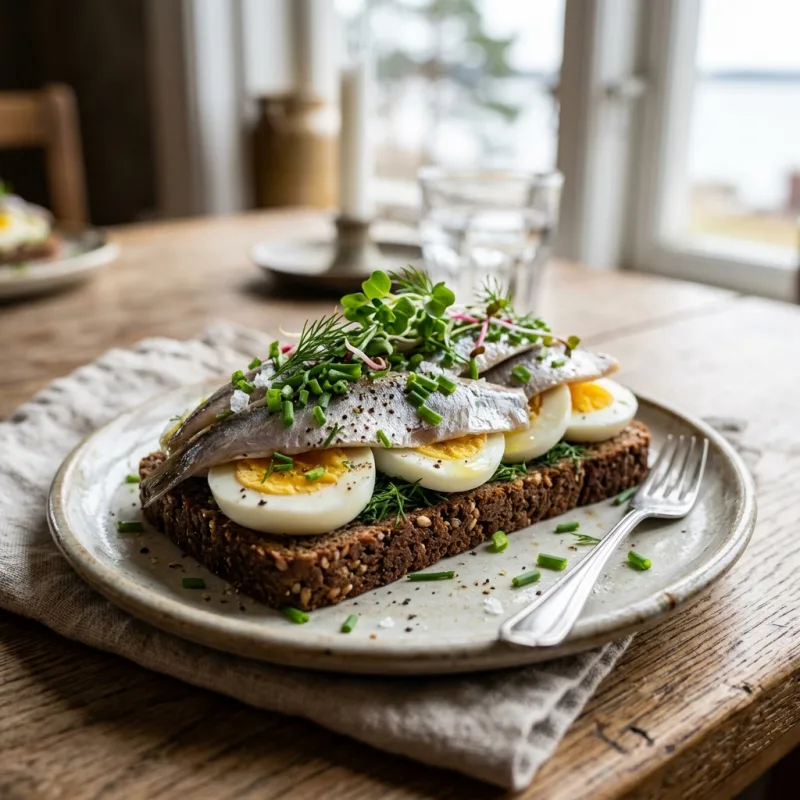 Traditional Estonian kiluvõileib spiced sprat sandwich on dark rye bread