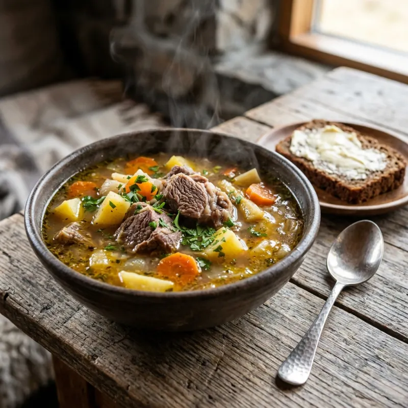 A bowl of traditional Icelandic Kjötsúpa meat soup