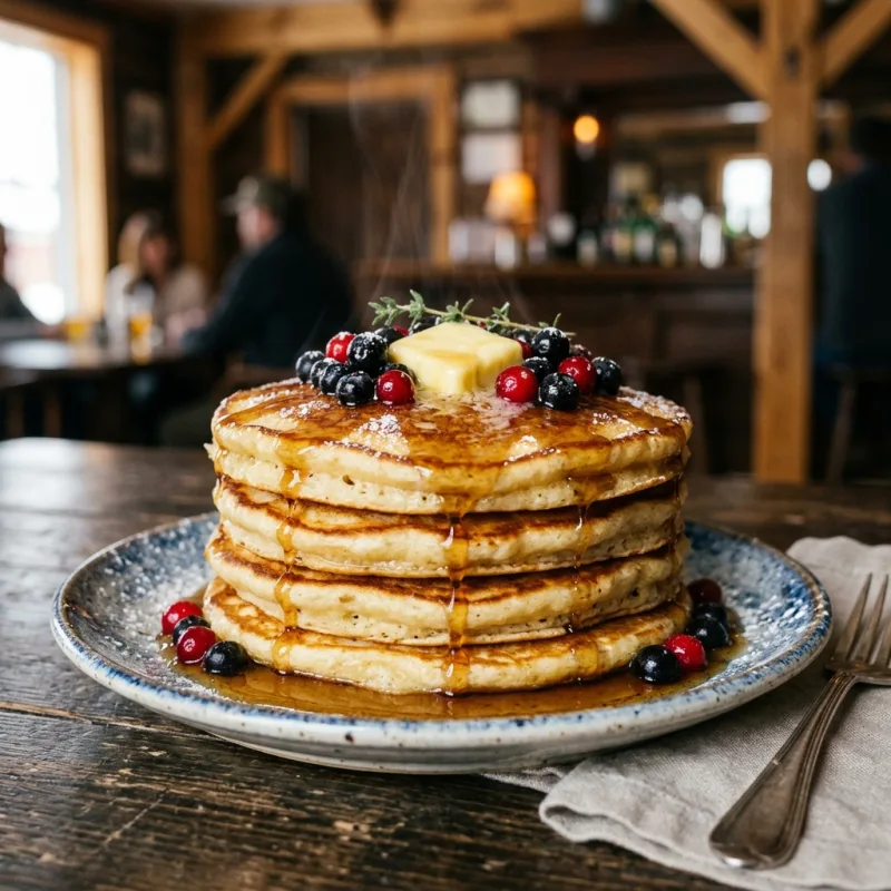 Golden Klondike sourdough pancakes topped with wild Yukon berries and butter on a rustic timber table