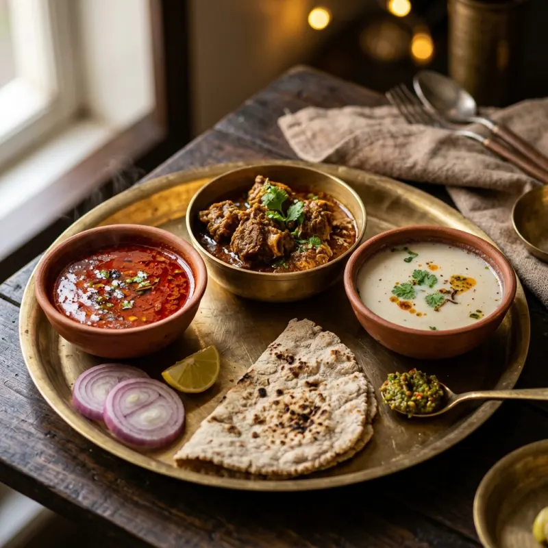 Authentic Kolhapuri Thali featuring mutton curry, Tambda and Pandhra Rassa broths, and jowar bhakri on a brass platter