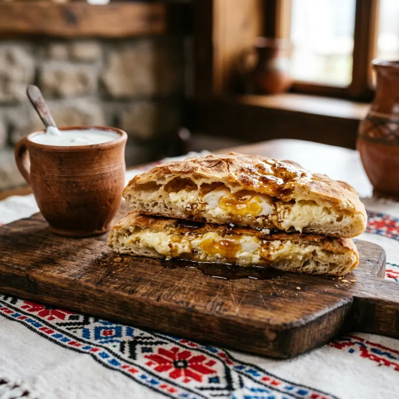 Authentic Serbian komplet lepinja filled with egg and kajmak on a rustic table