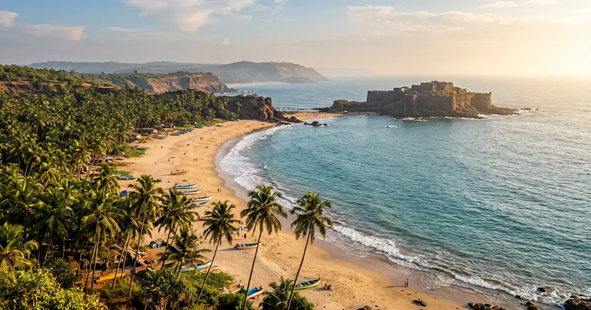 Scenic coastline of the Konkan region in Maharashtra featuring pristine beaches, palm trees, and an ancient sea fort