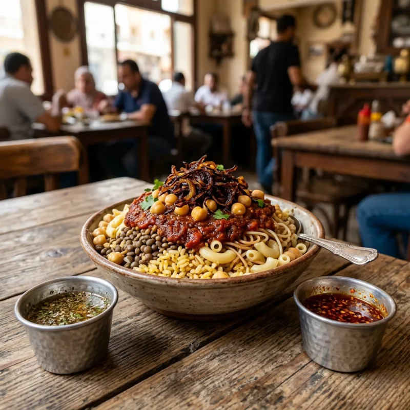 Egyptian Koshary dish with rice, lentils, macaroni, tomato sauce, and fried onions