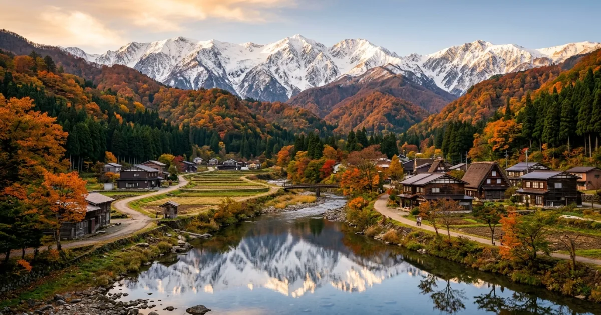 Panoramic view of snow-capped Japan Alps and autumn river valley in Koshinetsu