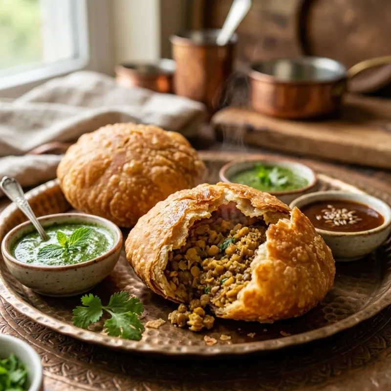 Golden fried Kota kachori served with spicy mint and sweet tamarind chutneys on an Indian brass plate