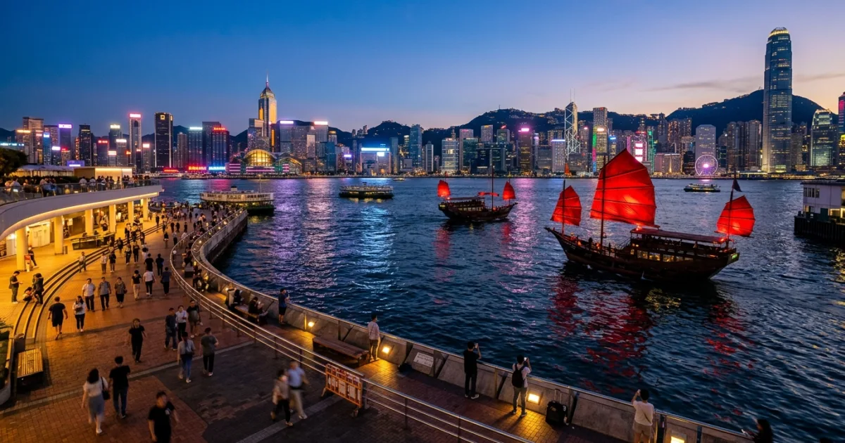 Panoramic view of Kowloon waterfront with Victoria Harbour and illuminated city skyline at dusk