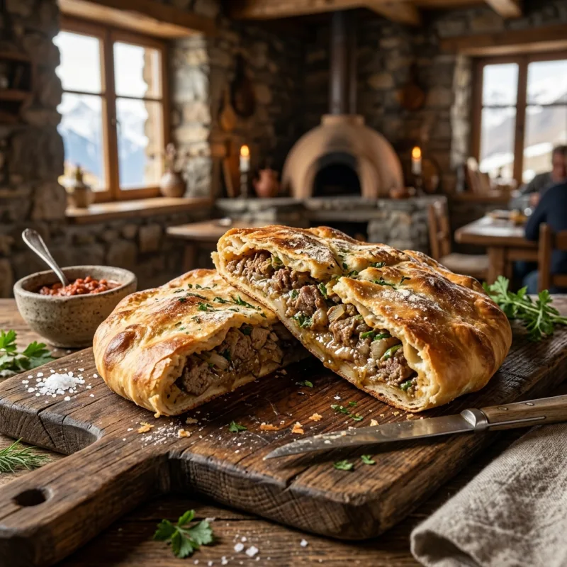 Authentic Georgian Kubdari mountain meat bread sliced on a rustic wooden platter