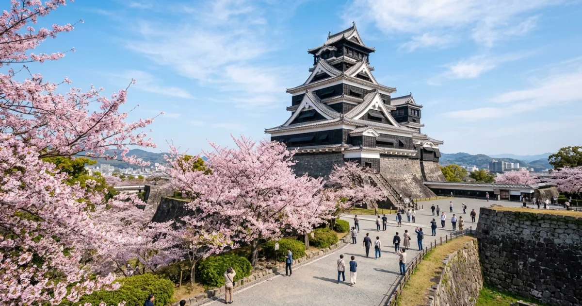 Kumamoto Castle main keep framed by blooming cherry blossoms in Kumamoto Japan