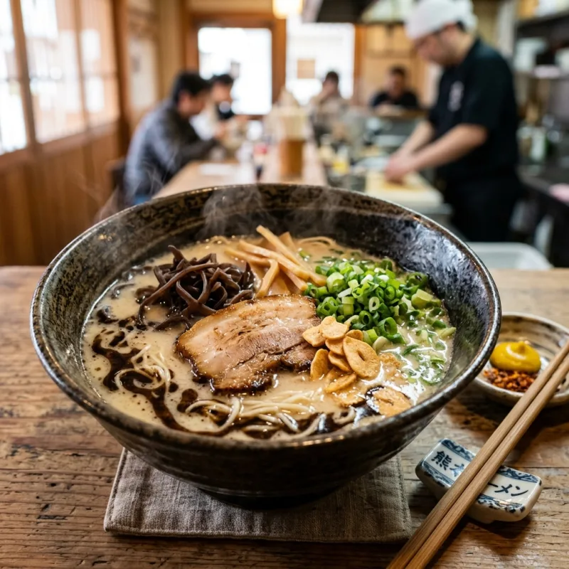 Bowl of Kumamoto ramen with black garlic oil, chashu pork, and scallions