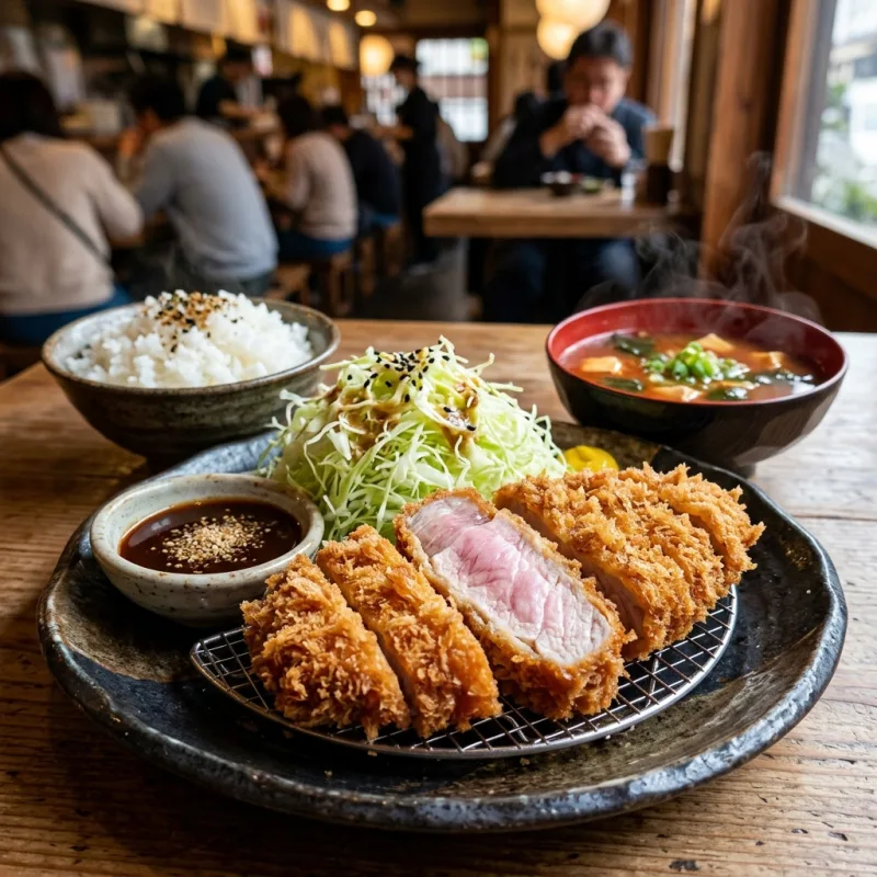 Japanese Kurobuta tonkatsu pork cutlet served with shredded cabbage and rice