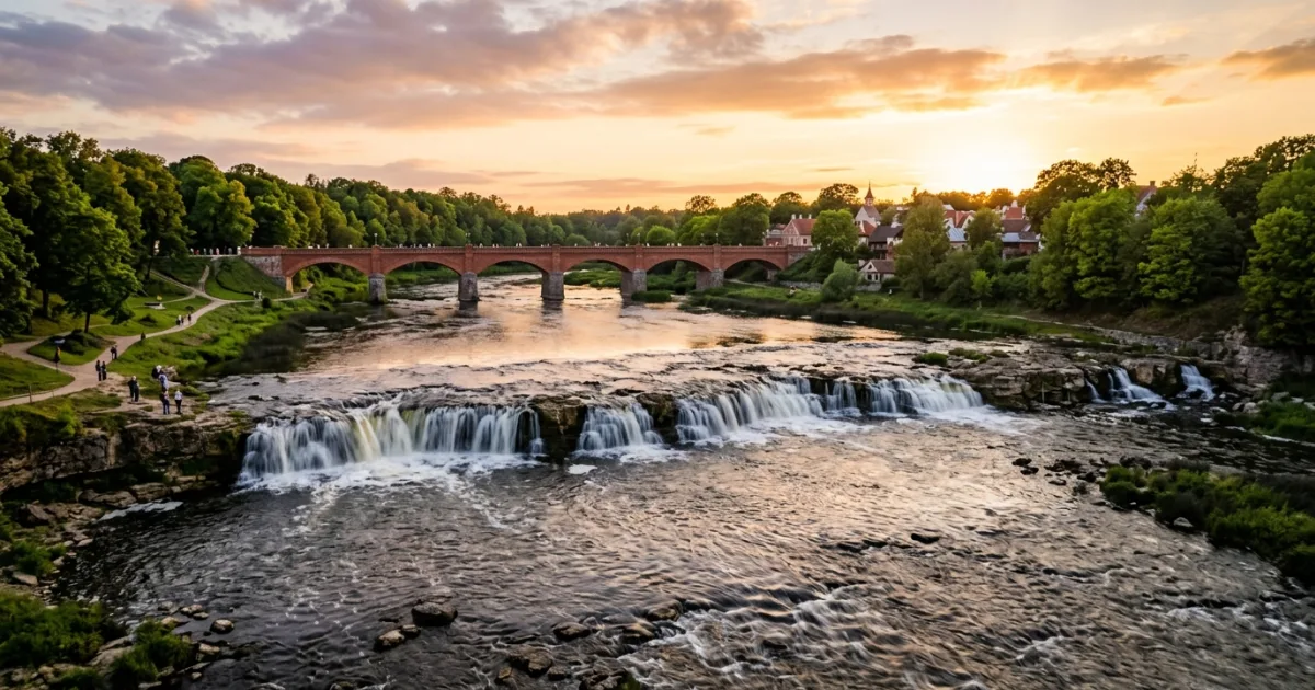 Panoramic view of Ventas Rumba waterfall and historic brick bridge in Kuldiga, Kurzeme, Latvia