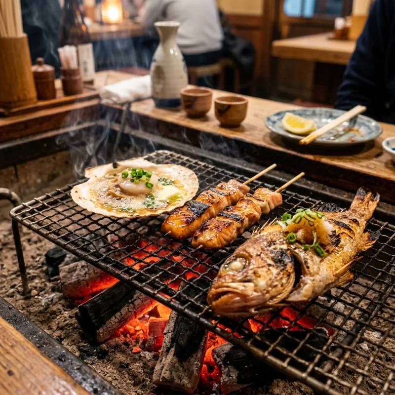 Authentic Japanese robatayaki hearth grill featuring fresh local Hokkaido seafood and scallops over glowing coals.