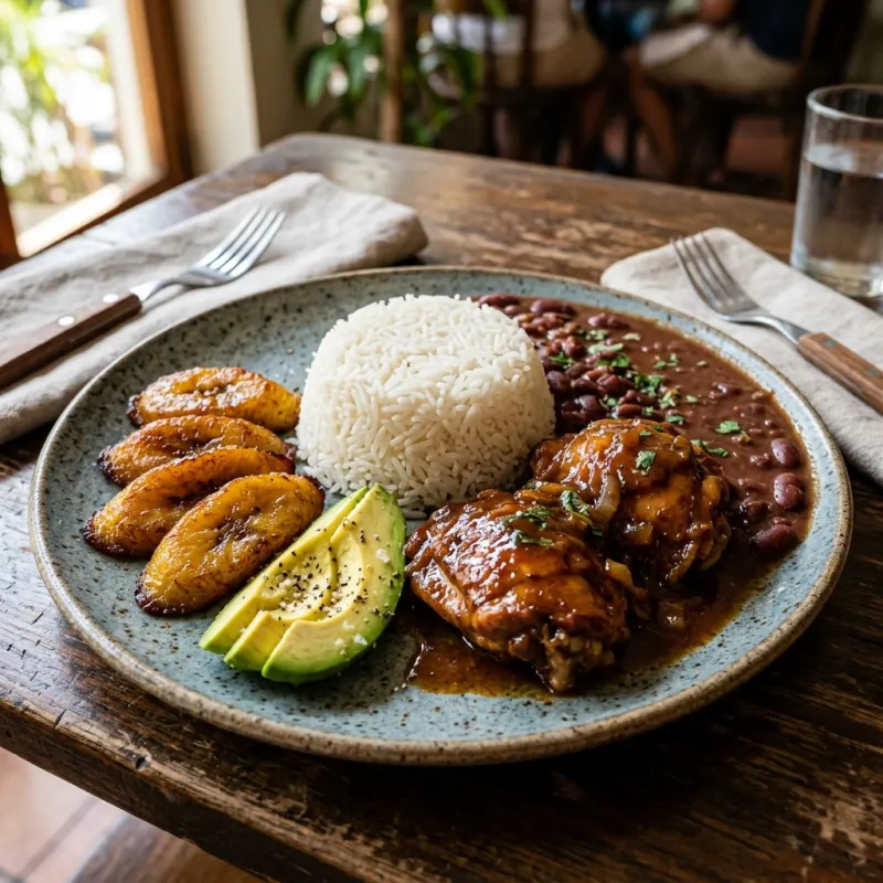 La Bandera Dominicana with rice, beans, chicken, and plantains