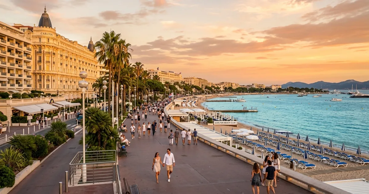 Wide angle view of Boulevard de la Croisette in Cannes with palm trees and luxury hotels at sunset